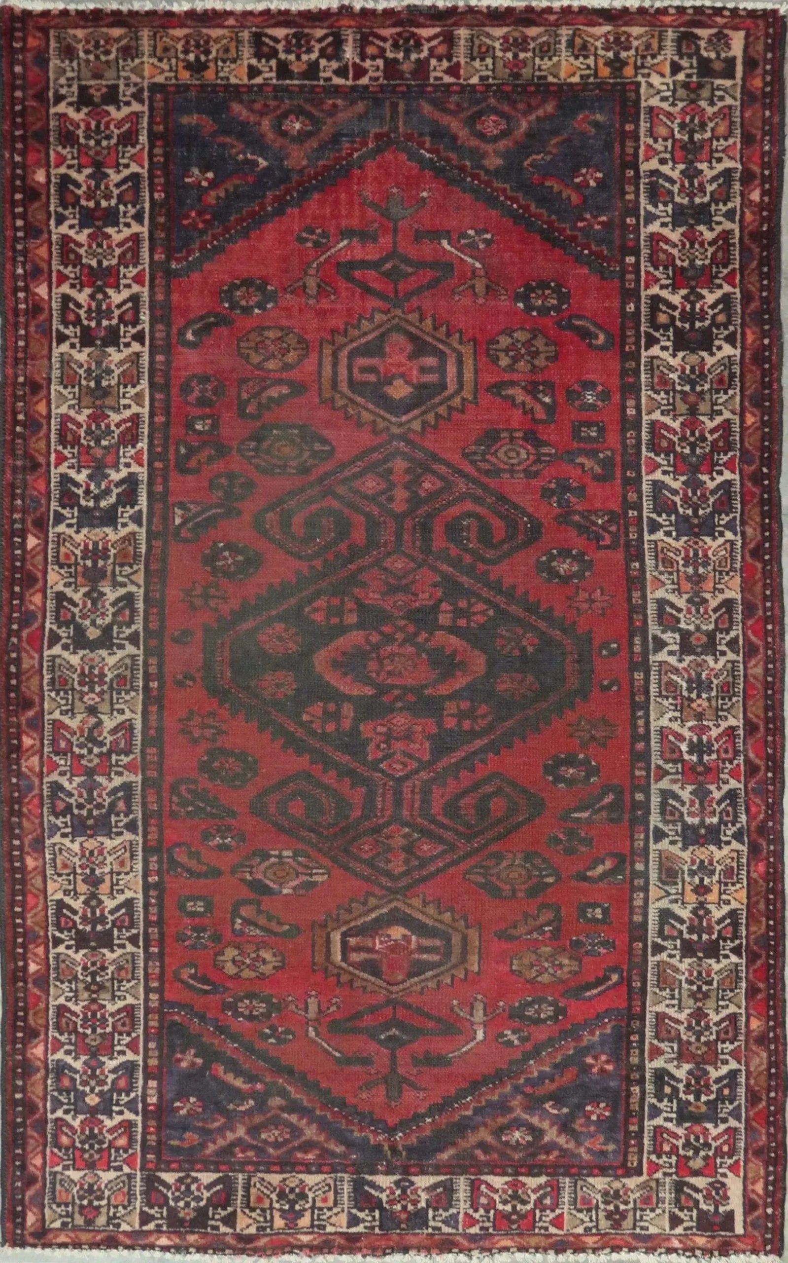 One Of The Kind Hand-Knotted Persian Wool Rug _ Luxurious Vintage Design, 6'8" x 3'1", Artisan Crafted